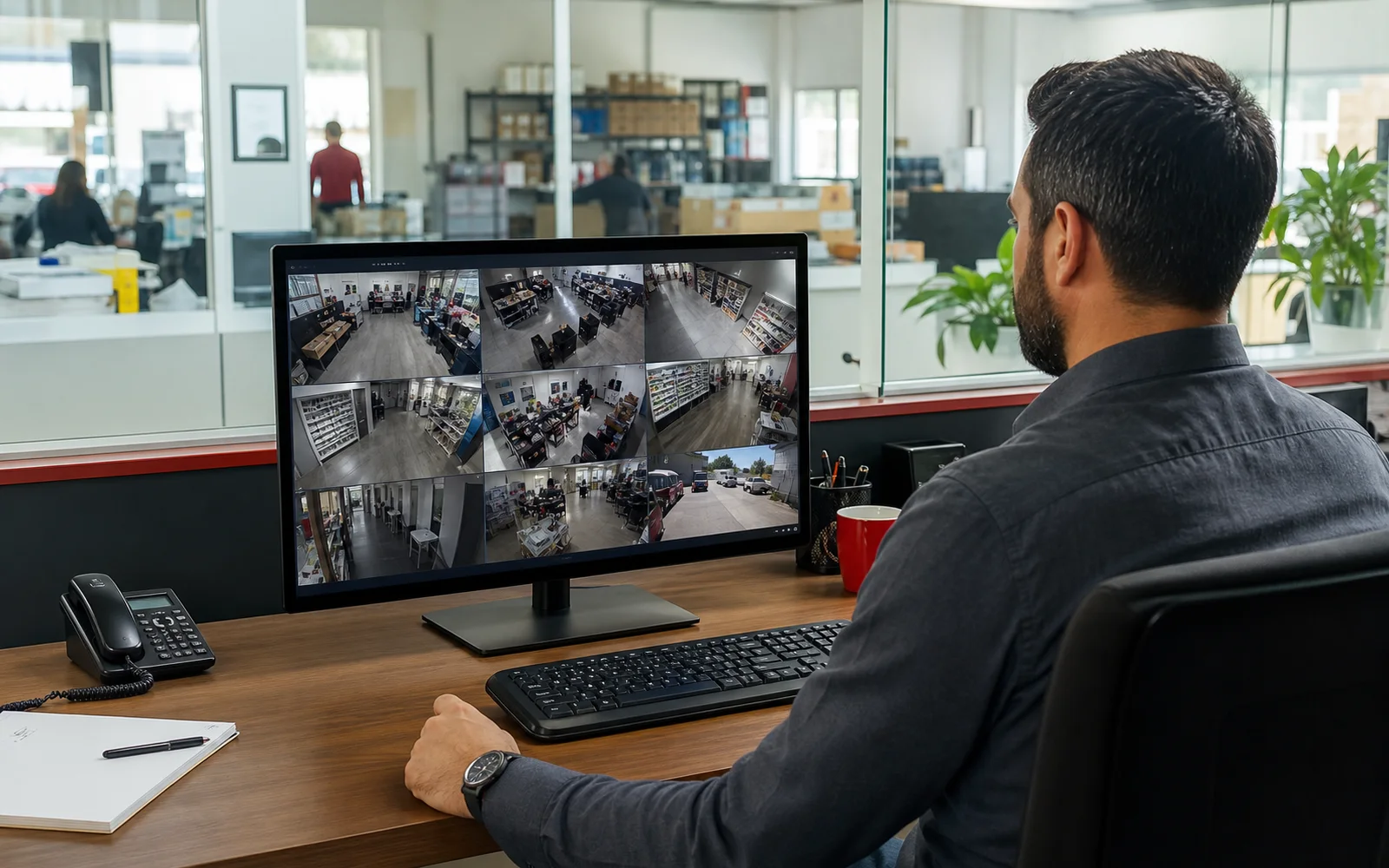 Gestor acompanhando câmeras de segurança em monitor
