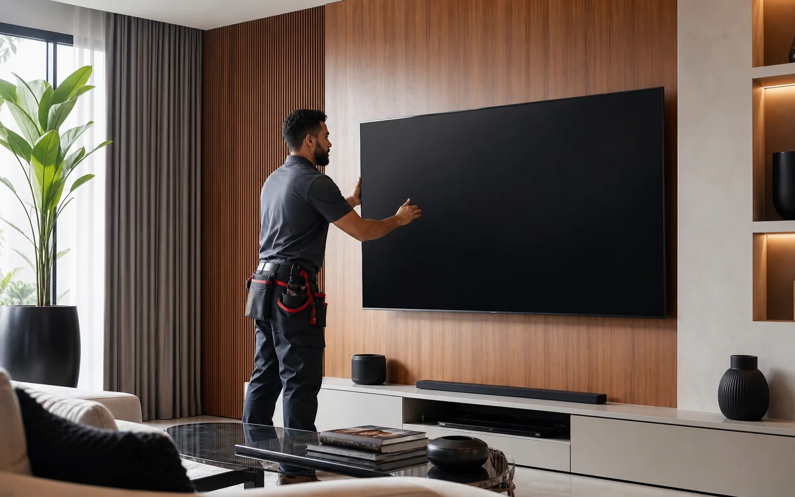 Técnico instalando televisão em sala residencial